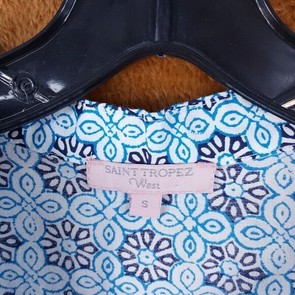 SAINT TROPEZ WEST Womens Top Small Blue Floral Pullover Tunic Crochet Woven Trim - Picture 2 of 9